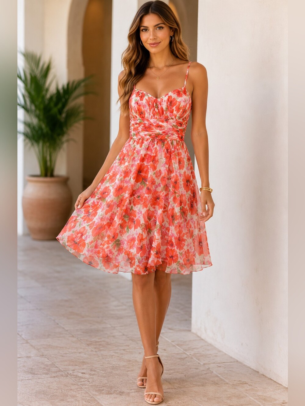 Boston Proper Muse 100% Silk Floral Chiffon Sundress Pink Coral Sz 14